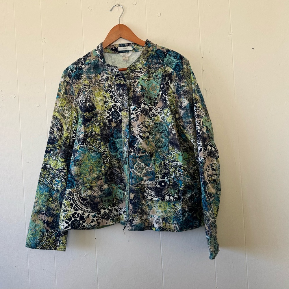 Christopher & Banks Womens Jacket Blue Green Cream Print Button Up XL Stretch